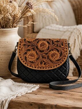 NEW Vintage Style Hand Tooled Leather Floral Saddle Bag Boho Western Crossbody